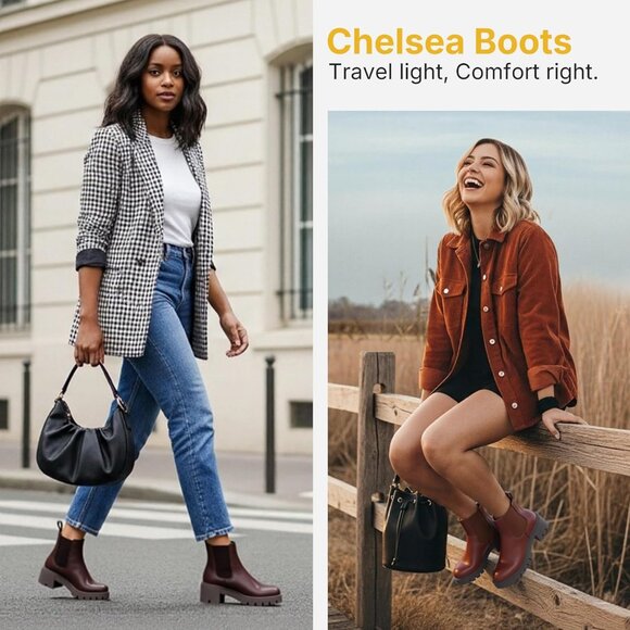 Vepose Women's Brown Faux Chelsea Leather Lug Sole Elastic Slip on Ankle Booties - Picture 9 of 9